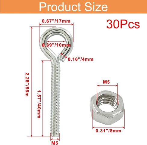 Litoexpe M5x40mm Eye Bolts Kit, 30pcs Carbon Steel Eye Hooks with Shoulder Lifting Rings, Threaded Eyebolts with Hex Nuts in Saudi Arabia
