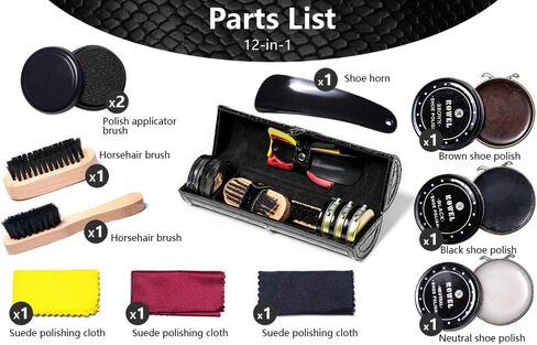 YUET طقم تلميع الأحذية تنظيف تألق الرعاية برميل مجموعة للجلد البني الأسود مع فرشاة حقيبة السفر الفاخرة قسط لينة 12 قطعة in Kuwait