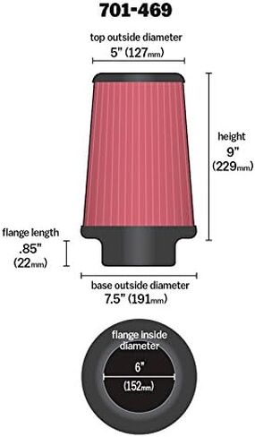 Airaid 701-469 Universal Clamp-On Air Filter: Round Tapered; 6 Inch (152 mm) Flange ID; 9 Inch (229 mm) Height; 7.25 Inch (184 mm) Base; 5 Inch (127 mm) Top in Saudi Arabia