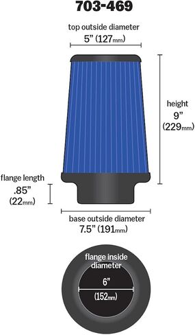Airaid 701-469 Universal Clamp-On Air Filter: Round Tapered; 6 Inch (152 mm) Flange ID; 9 Inch (229 mm) Height; 7.25 Inch (184 mm) Base; 5 Inch (127 mm) Top in Saudi Arabia