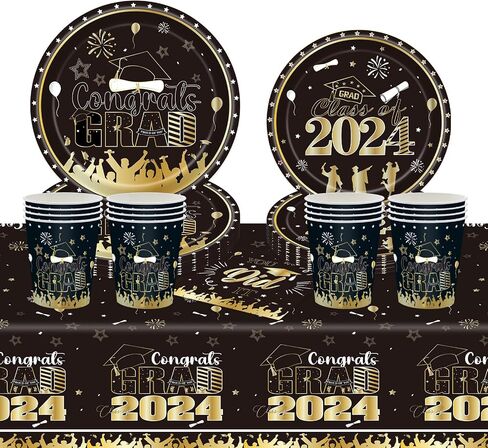 2024 لوازم حفلات التخرج، مجموعة أدوات مائدة حفلات التخرج باللون الأسود، طبق ورقي للاستعمال مرة واحدة، منديل، كوب، مفرش المائدة، ديكور حفلات التخرج، يخدم 24 شخصًا in Saudi Arabia