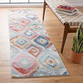 سجادة SAFAVIEH Phoenix Collection - 2'2" x 8'، أزرق فاتح ووردي، تصميم Boho Ogee Trellis بألوان مائية، لا يتساقط ويسهل العناية به، مثالي للمناطق ذات حركة المرور العالية في غرفة المعيشة وغرفة النوم (PHX290M) in Kuwait