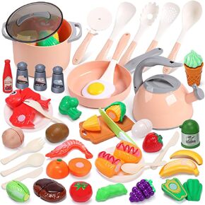CUTE STONE 51-Piece Mini Play Kitchen Accessories for Kids, Pretend Cooking Playset with Pots, Pans, Utensils, Cutting Fun Fruits & Veggies, Learning Gift for Toddlers, Girls & Boys in Kuwait