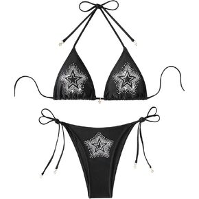 Floerns Women's Cheeky Bikini Set Rhinestone Star Halter String Bathing Suit 2 Piece Swimsuits in Kuwait