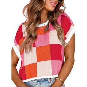 WDIRARA Women's Checkered Knit Crop Top Cap Sleeve Color Block Plaid Sweater Tops in Saudi Arabia
