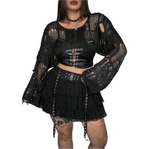 Floerns Women's Plus Size Gothic Hollow Out Fall Sweater Long Sleeve Grunge Street Knit Crop Tops in Kuwait
