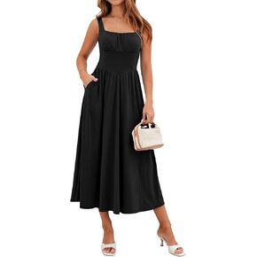 فستان YATHON نسائي صيفي متوسط ​​الطول بنقشة الزهور كاجوال برقبة مربعة متموجة لحفلات الزفاف فساتين ضيوف الشاطئ لقضاء العطلات مع جيب in Kuwait