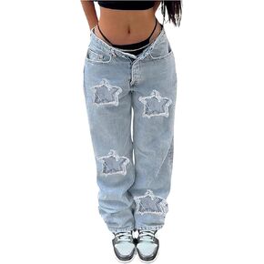 SweatyRocks Women's Casual Straight Leg Jeans Y2K Star Patchwork Denim Pants Streetwear in Saudi Arabia