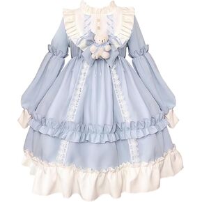 Sweet Girly Bear Bow Lolita Dress - Retro Lolita Long-Sleeve Lace Ruffle Princess Dress in Saudi Arabia