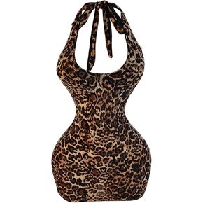 SweatyRocks Women's Leopard Print Halter Dress Backless Bodycon Mini Club Party Cheetah Dresses in Kuwait