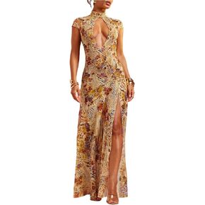 GORGLITTER Women’s Animal Print Dress Mock Neck Thigh Slit Cap Sleeve Maxi Evening Gown in Kuwait