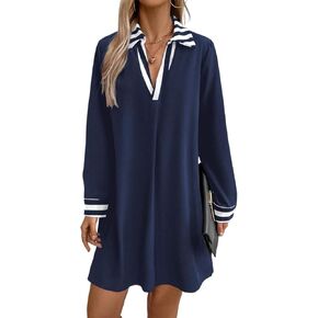 Womens Striped Colorblock Long Sleeve Tunic Dress Casual V-Collar Fall Dress for Daily Wear in Saudi Arabia