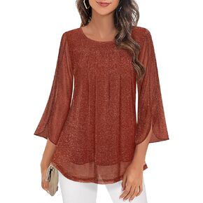 Viracy المرأة متأنق القمم Crewneck 3/4 كم تونك القمم مطوي الجبهة طبقات مزدوجة شبكة مطاطية قمصان العمل عادية Flowy in Kuwait