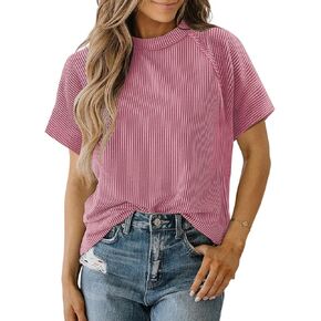 Afkwek Womens Tops Dressy Casual Crewneck Short Sleeve Shirts Loose Flowy Tunic Ribbed Blouses Trendy in Saudi Arabia