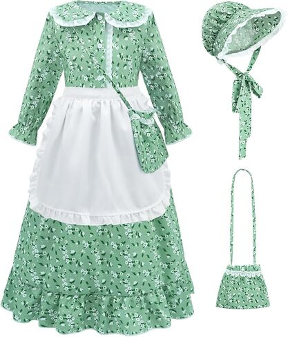 RSOEUG Girls Pioneer Colonial Costume Pioneer Outfit for Kids Floral Prairie Dress with Bonnet, Apron and Purses in Saudi Arabia