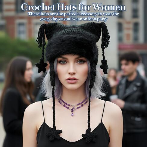 Y2k Cat Ear Beanie, Cute Hat with Harajuku Fashion, Grunge Cat Crochet Hats for Women Y2k Accessories, Christmas, Winter Black,Green in Saudi Arabia