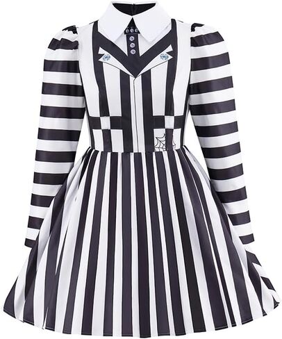 زي Diajosa cos منكب الجوزاء أزياء نسائية لشخصية فيلم الرعب أبيض وأسود فستان مخطط عمودي الزي in Kuwait