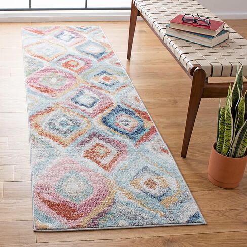 سجادة SAFAVIEH Phoenix Collection - 2'2" x 8'، أزرق فاتح ووردي، تصميم Boho Ogee Trellis بألوان مائية، لا يتساقط ويسهل العناية به، مثالي للمناطق ذات حركة المرور العالية في غرفة المعيشة وغرفة النوم (PHX290M) in Kuwait