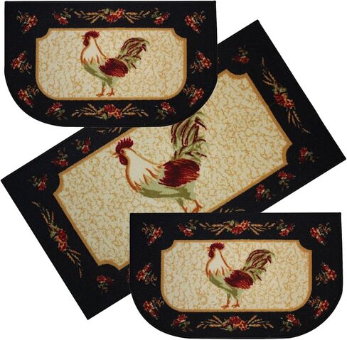 Kashi Home Kitchen Rug, Printed Area Rug, Durable Floor, Door Mat, Farmhouse Non-Slip Carpet Latex Backing Beautiful Design Rooster 3pc Set (2 18x30 D Shape & 1 20x40) in Saudi Arabia
