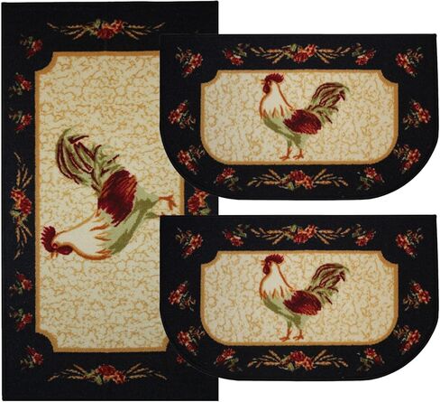 Kashi Home Kitchen Rug, Printed Area Rug, Durable Floor, Door Mat, Farmhouse Non-Slip Carpet Latex Backing Beautiful Design Rooster 3pc Set (2 18x30 D Shape & 1 20x40) in Saudi Arabia