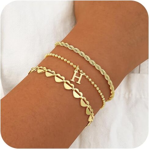 Tasiso Gold Bracelets for Women Gifts, 18K Gold Plated Letter Initial Bracelet Dainty Bead Monogram Bracelet Gold Initial Bracelets for Women Cute Jewelry Gifts in Saudi Arabia