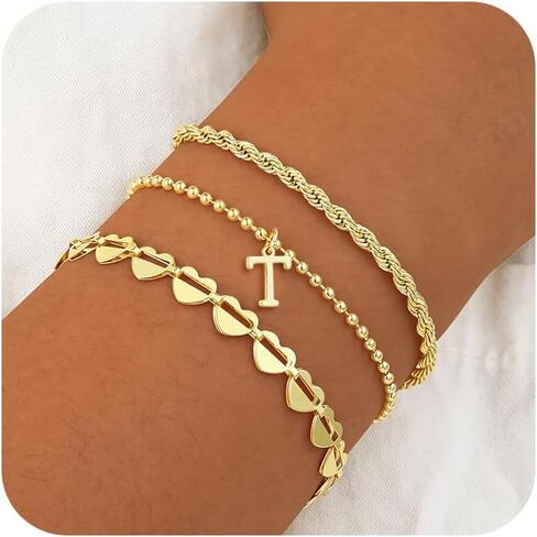 Tasiso Gold Bracelets for Women Gifts, 18K Gold Plated Letter Initial Bracelet Dainty Bead Monogram Bracelet Gold Initial Bracelets for Women Cute Jewelry Gifts in Saudi Arabia