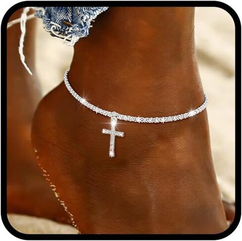 S925 Sterling Silver Anklets Dainty 14K Gold Plated Waterproof Ankle Bracelets Rhinestone Cross Layered Anklet Chain Glitter Fashion Foot Jewelry for Women in Saudi Arabia