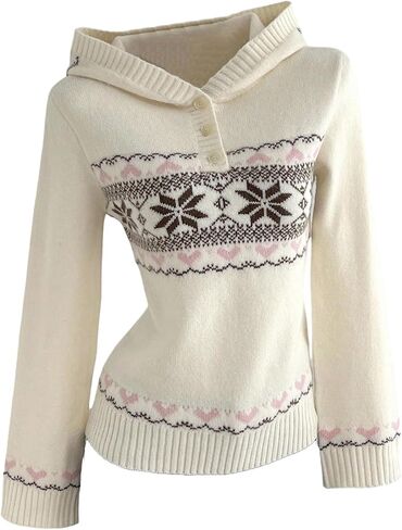 Verdusa Women's Geo Heart Ugly Sweater Boho Chic Hooded Knit Tops Trendy Fall Pullovers in Saudi Arabia