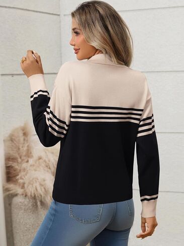ATOFY Women's V Neck Sweater Fall Casual Striped Color Block Long Sleeve Polo Pullover Soft Knitted Sweaters in Saudi Arabia