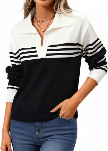 ATOFY Women's V Neck Sweater Fall Casual Striped Color Block Long Sleeve Polo Pullover Soft Knitted Sweaters in Saudi Arabia