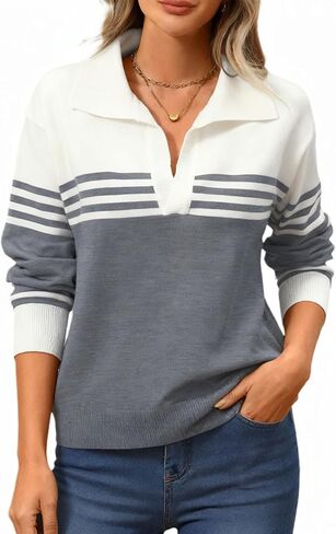 ATOFY Women's V Neck Sweater Fall Casual Striped Color Block Long Sleeve Polo Pullover Soft Knitted Sweaters in Saudi Arabia