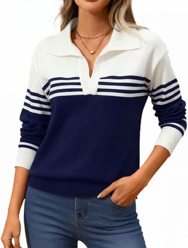 ATOFY Women's V Neck Sweater Fall Casual Striped Color Block Long Sleeve Polo Pullover Soft Knitted Sweaters in Saudi Arabia