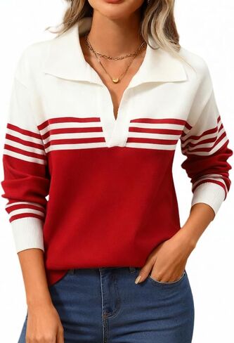 ATOFY Women's V Neck Sweater Fall Casual Striped Color Block Long Sleeve Polo Pullover Soft Knitted Sweaters in Saudi Arabia