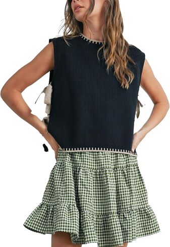 Yegthou Women Mock Neck Crochet Sweater Vest Sleeveless Tie Knot Slit Tank Knit Tops Lightweight Casual Pullover Clothes in Saudi Arabia