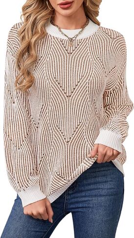 ZLIGXEA البلوزات النسائية خريف 2025 عادية كم طويل Crewneck لطيف مخطط نمط متماسكة البلوز القمم S-XL in Kuwait