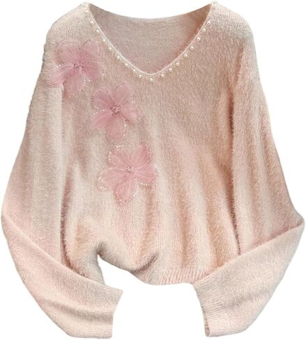 Verdusa Women's Floral Sequin Fuzzy Cozy Sweaters Faux Pearl Knit Tops Fall Pullovers in Saudi Arabia