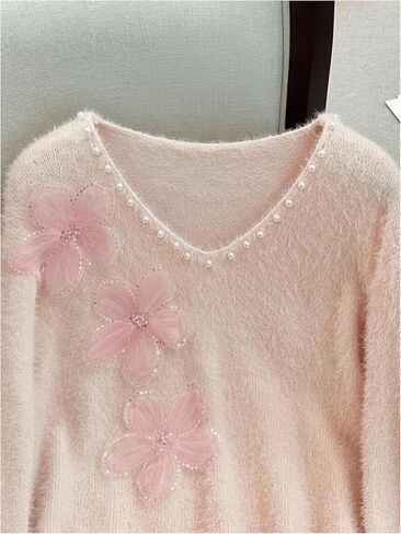 Verdusa Women's Floral Sequin Fuzzy Cozy Sweaters Faux Pearl Knit Tops Fall Pullovers in Saudi Arabia