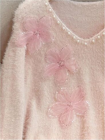 Verdusa Women's Floral Sequin Fuzzy Cozy Sweaters Faux Pearl Knit Tops Fall Pullovers in Saudi Arabia