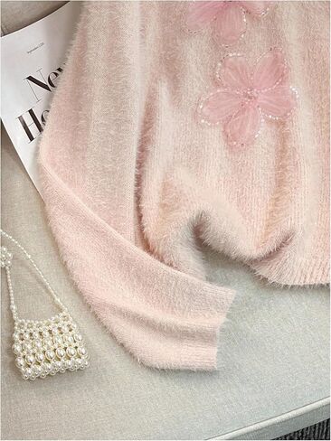 Verdusa Women's Floral Sequin Fuzzy Cozy Sweaters Faux Pearl Knit Tops Fall Pullovers in Saudi Arabia