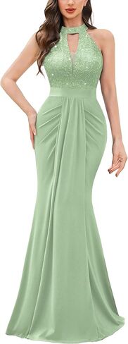 Miusol Women's Elegant Halter V-Neck Lace Sequin Pleated Formal Evening Maxi Dress in Saudi Arabia