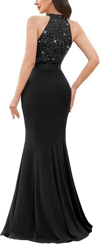 Miusol Women's Elegant Halter V-Neck Lace Sequin Pleated Formal Evening Maxi Dress in Saudi Arabia