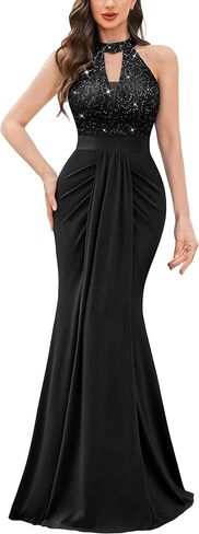 Miusol Women's Elegant Halter V-Neck Lace Sequin Pleated Formal Evening Maxi Dress in Saudi Arabia