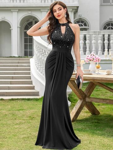 Miusol Women's Elegant Halter V-Neck Lace Sequin Pleated Formal Evening Maxi Dress in Saudi Arabia