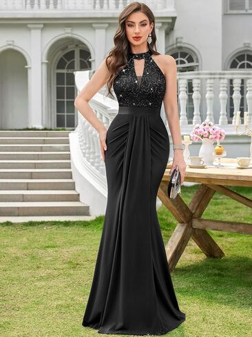 Miusol Women's Elegant Halter V-Neck Lace Sequin Pleated Formal Evening Maxi Dress in Saudi Arabia