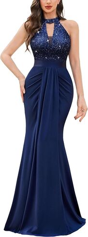 Miusol Women's Elegant Halter V-Neck Lace Sequin Pleated Formal Evening Maxi Dress in Saudi Arabia