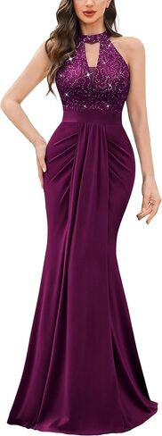Miusol Women's Elegant Halter V-Neck Lace Sequin Pleated Formal Evening Maxi Dress in Saudi Arabia