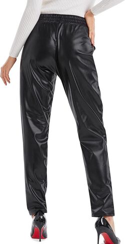 Women Faux Leather Pants Straight Leg Casual Pants High Waist Split Hem Stretchy Flare Pants Streetwear in Saudi Arabia