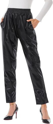 Women Faux Leather Pants Straight Leg Casual Pants High Waist Split Hem Stretchy Flare Pants Streetwear in Saudi Arabia