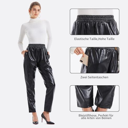 Women Faux Leather Pants Straight Leg Casual Pants High Waist Split Hem Stretchy Flare Pants Streetwear in Saudi Arabia
