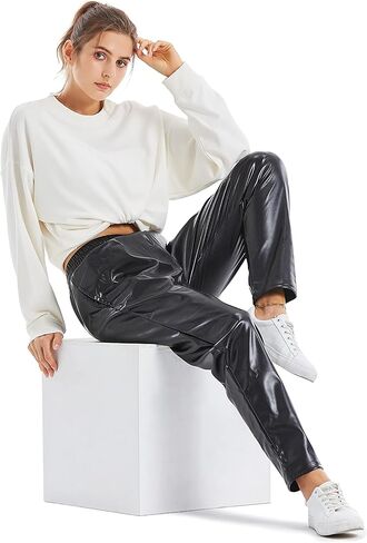 Women Faux Leather Pants Straight Leg Casual Pants High Waist Split Hem Stretchy Flare Pants Streetwear in Saudi Arabia